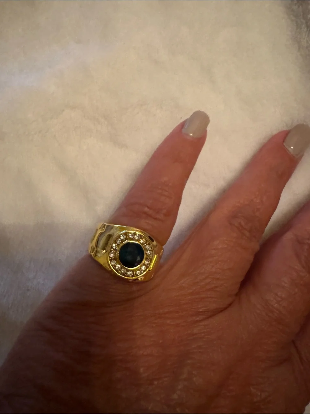 Gold-Tone Men’s Ring with Dark Blue Center and Crystal Halo